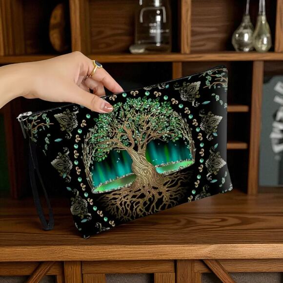 Tree of Life Cosmetic Bag Green 7x10x2 - Mystical Multi-Functional Makeup Pouch - Picture 4 of 13
